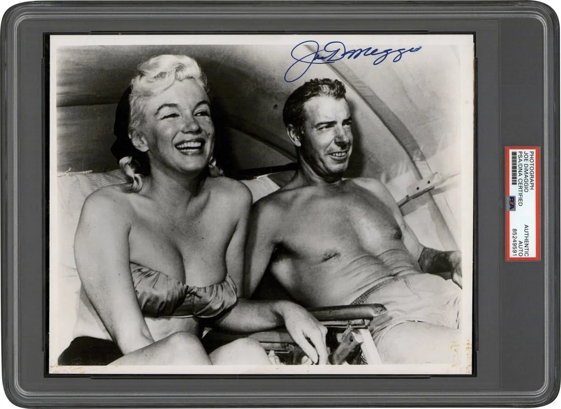 Joe DiMaggio Signed Beach Photo with Marilyn Monroe PSA Certified