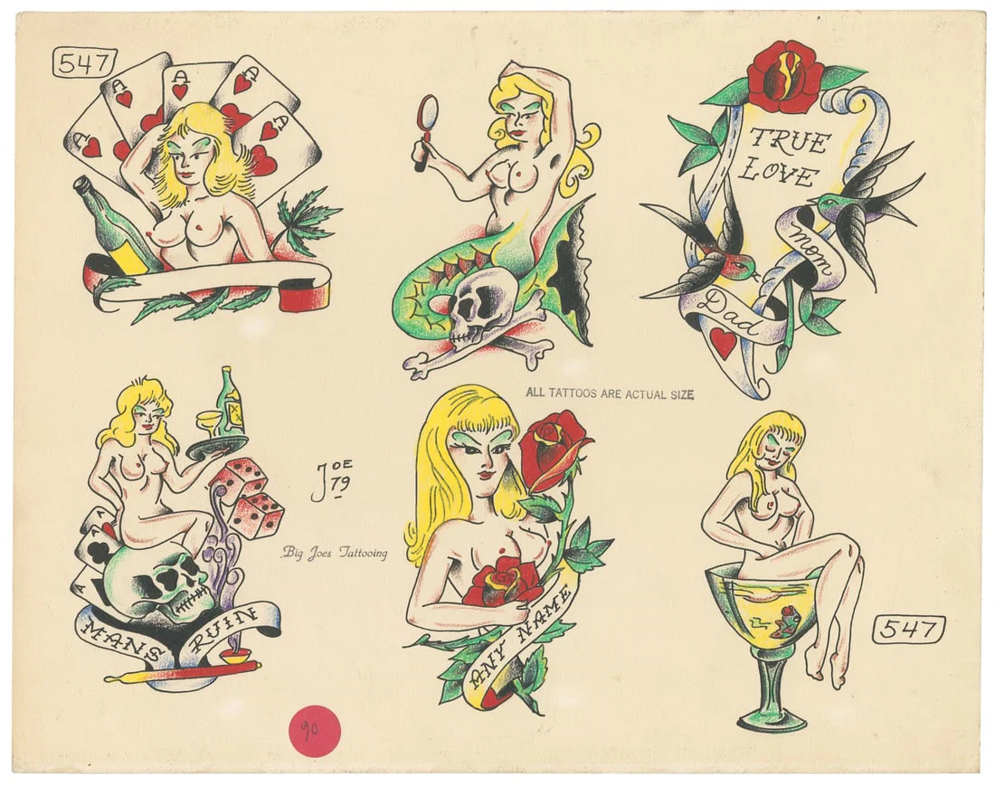 Joe Kaplan Pinup Flash Sheet. Big Joes Tattooing, 1979