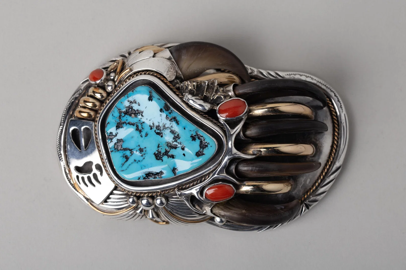 Joe Piaso Jr. Navajo Bear Claw, Turquoise, Coral, Sterling Silver & Gold Belt Buckle
