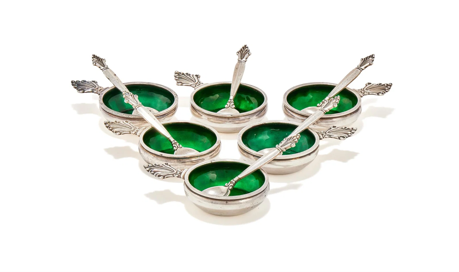 JOHAN RHODE (DANISH, 1856-1935), FOR GEORG JENSEN, SIX 'ACANTHUS' OPEN SALTS AND SPOONS