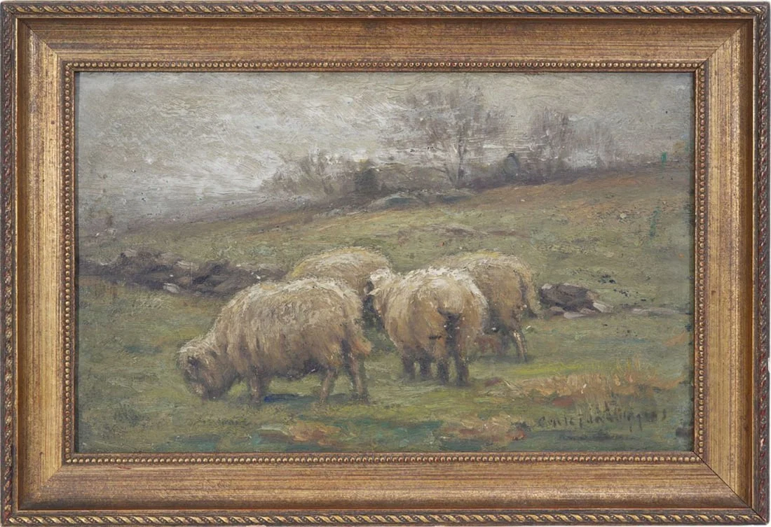 John Carleton Wiggins (American 1848–1932). Barbizan Style Sheep in Pasture ca. 1906. Oil on wood