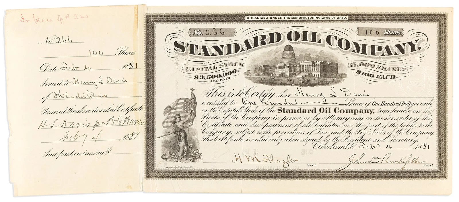 John D. Rockefeller. Partly-printed Document Signed