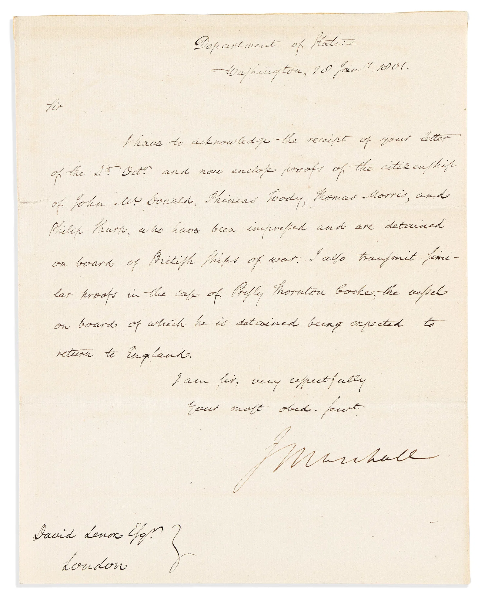 John Marshall. Letter Signed, "JMarshall," to U.S. Consul at London David Lenox