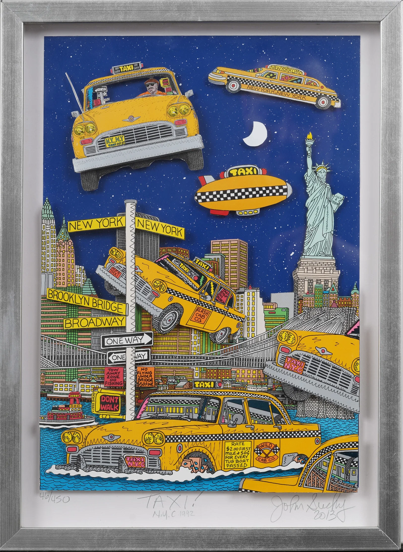 John Suchy Signed Vintage American 3D Pop Art New York Street Scene Taxi Print
