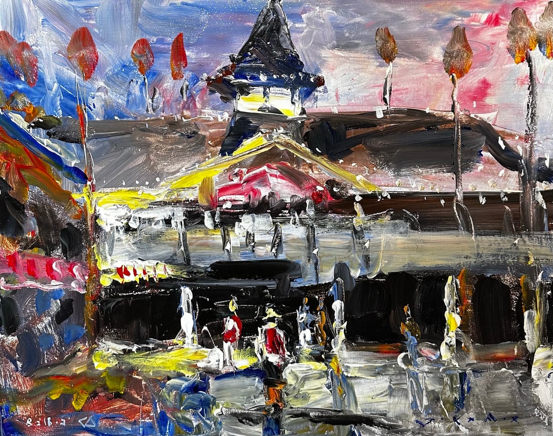 Jorn Fox "Balboa Pavilion With People" Impressionist Signed Oil and Acrylic on Canvas