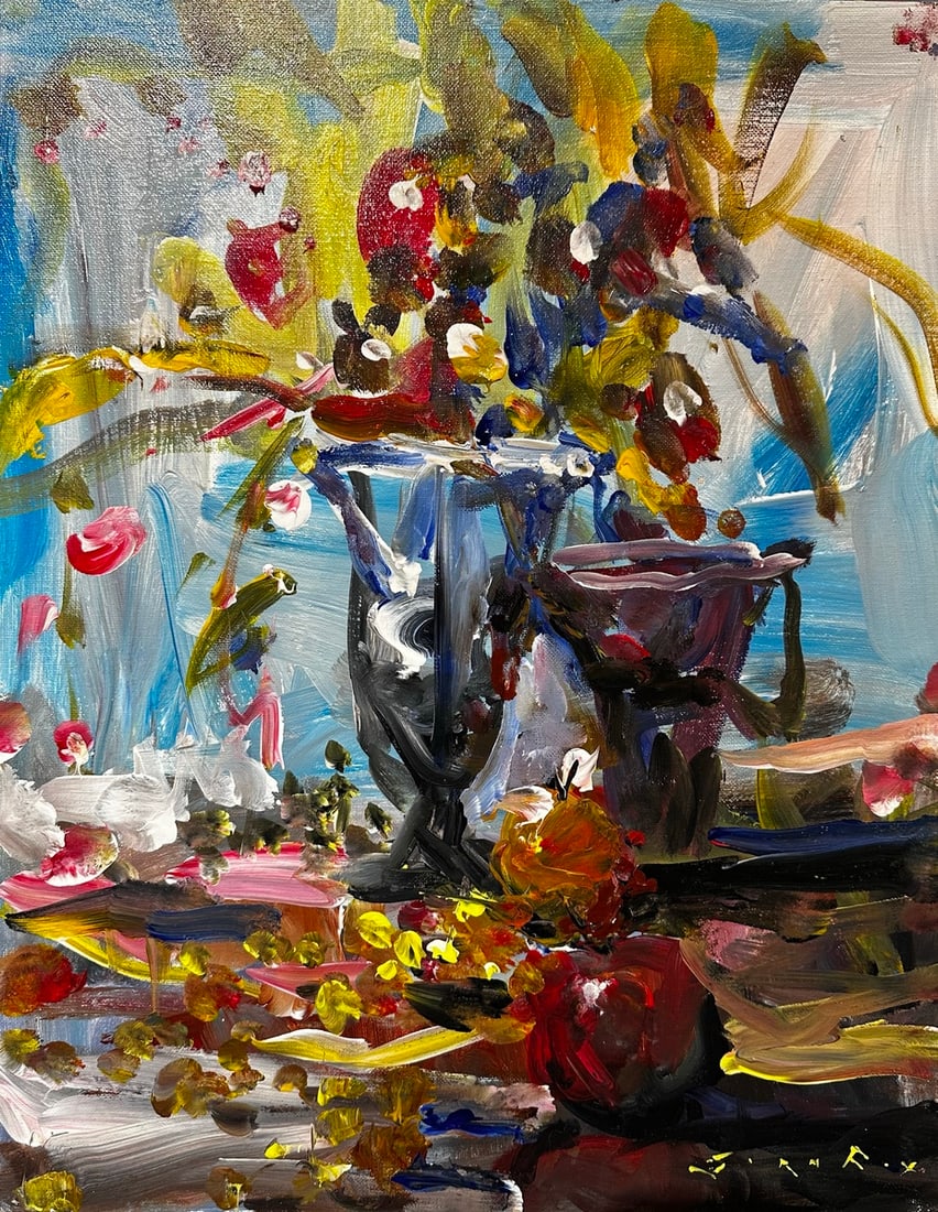 Jorn Fox "Two Vases of Wld Flowers" Impressionist Signed Oil and Acrylic on Board