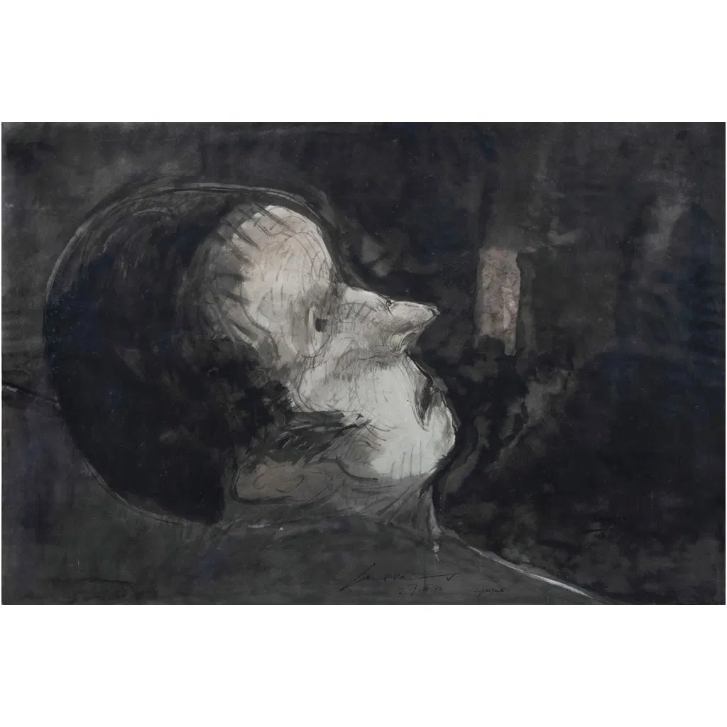 JOSÉ LUIS CUEVAS. Agonizante. Firmada y fechada 1973 y 27 - VIII - 73. Tinta y gouache sobre papel.