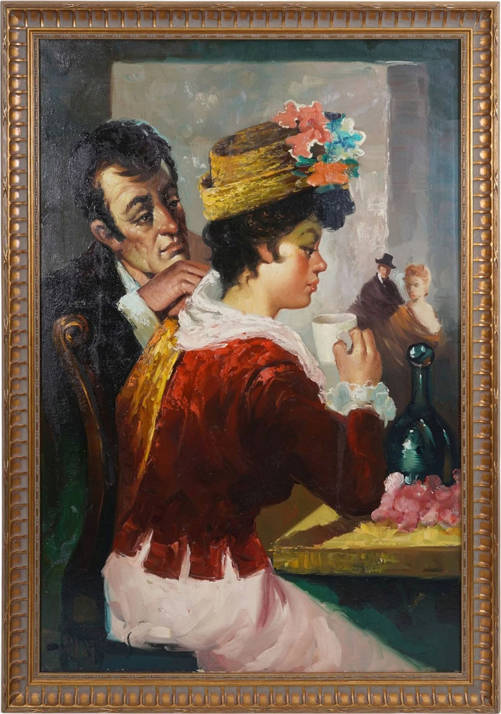 Jose Padilla (Spain 1922-2004) oil on canvas, couple in Café house, 36 x 24 inches, overall framed