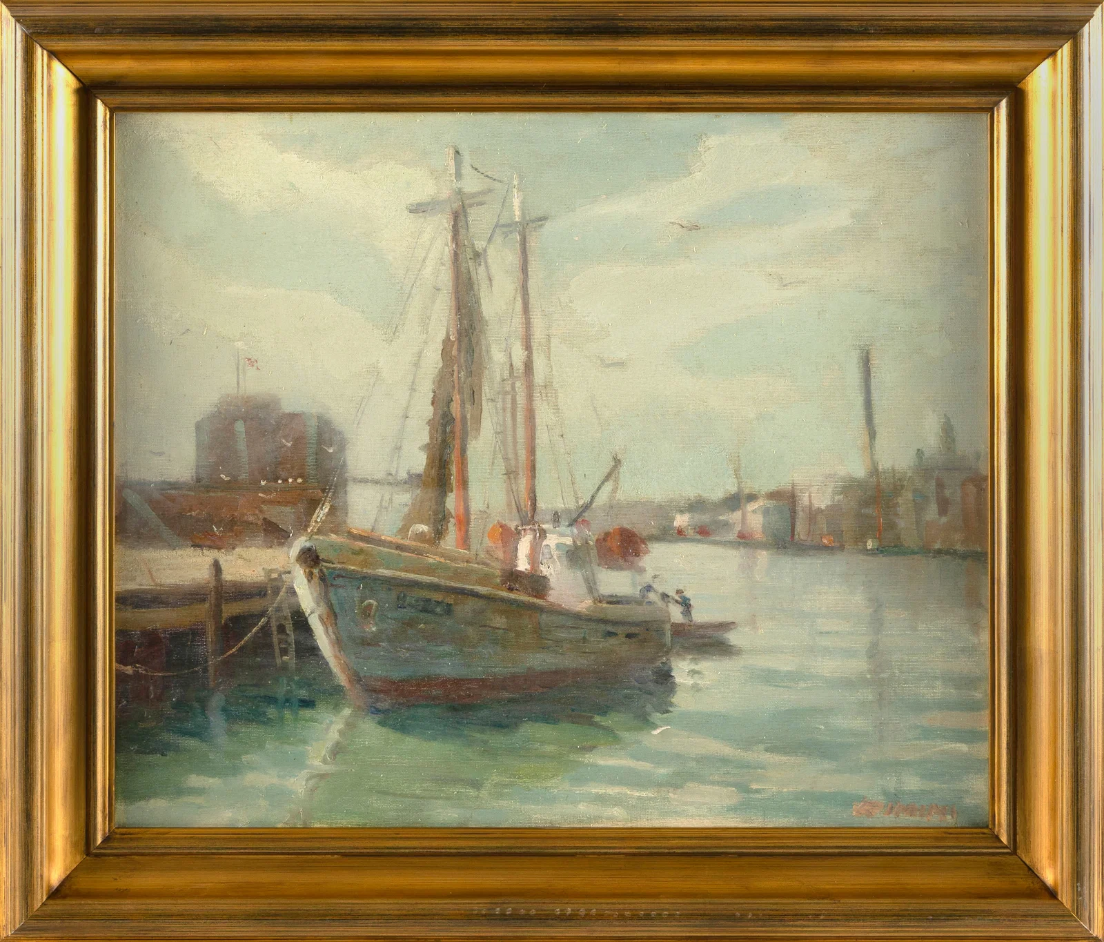 JOSEPH RIMINI (America, 1920-2000), At the pier, Gloucester Harbor., Oil on canvas, 20" x 24".