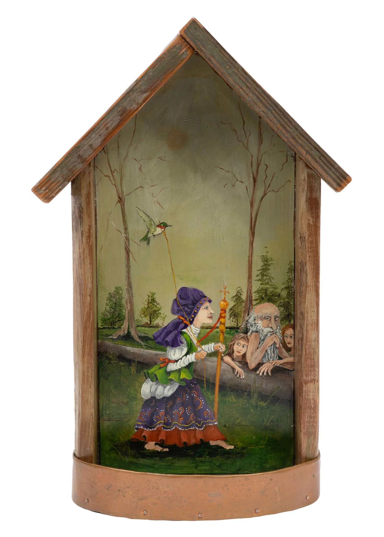 Joy Kepler, American/Louisiana 20th c., "Pet Hummingbird", oil on panel with copper