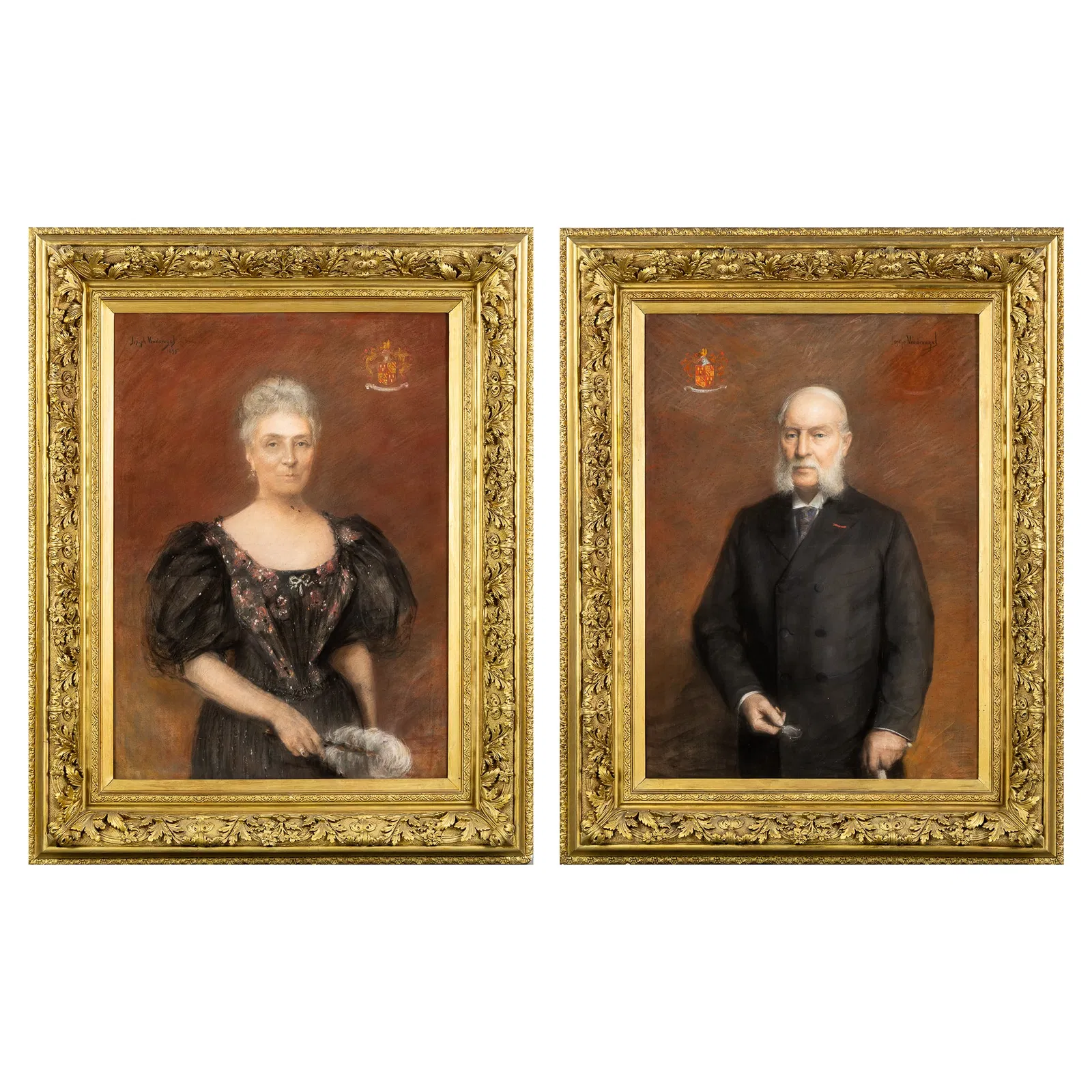 Jozef Xavier Vindevogel (1859-1941) 'Two Pendant Portraits, Family de Smet de Naeyer', gouache on