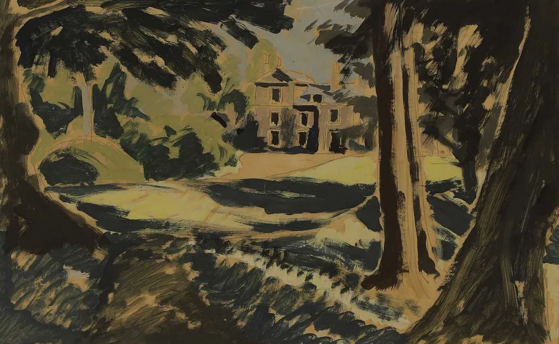 ▲ Julian Trevelyan RA (British, 1910-1988) View of a house though a wooded landscape