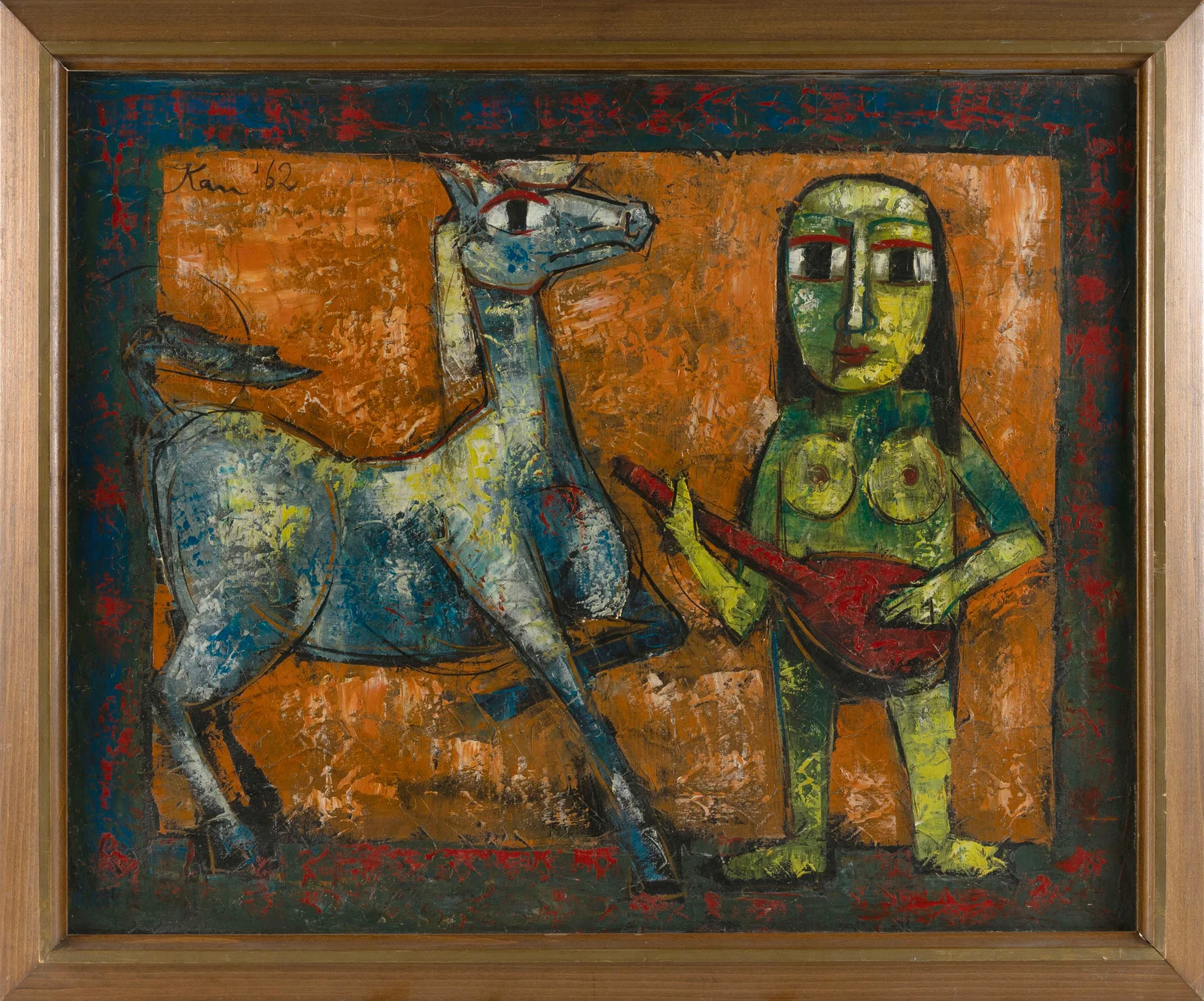 KAM ZIN CHOON (China, 1931-), Horse and guitarist., Oil on canvas, 24" x 30". Framed 28" x 34".