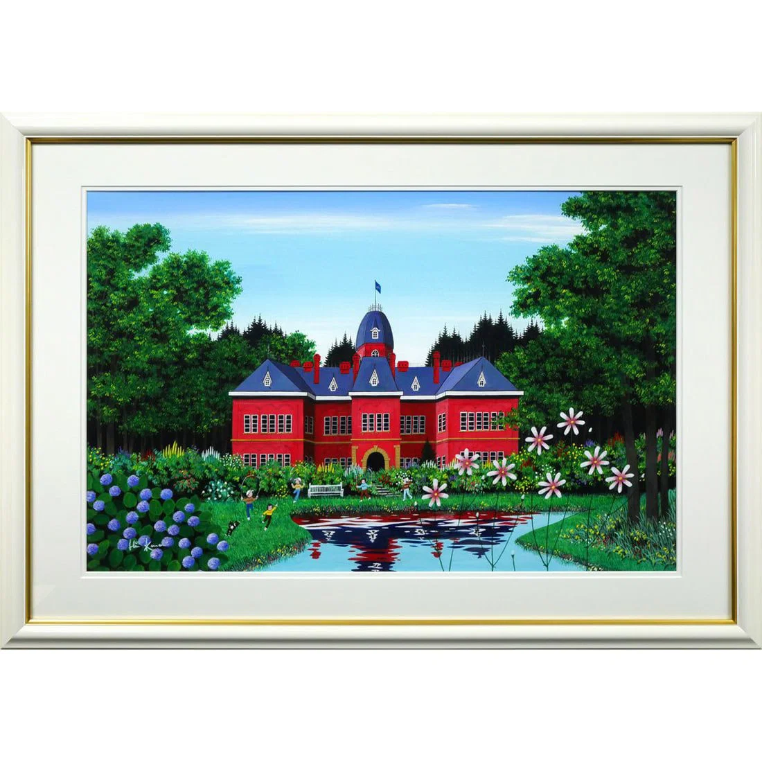 Kanai Hideaki "Ohana ga Ippai Aka Renga" (Full of Flowers Red Brick), a unique acrylic painting,