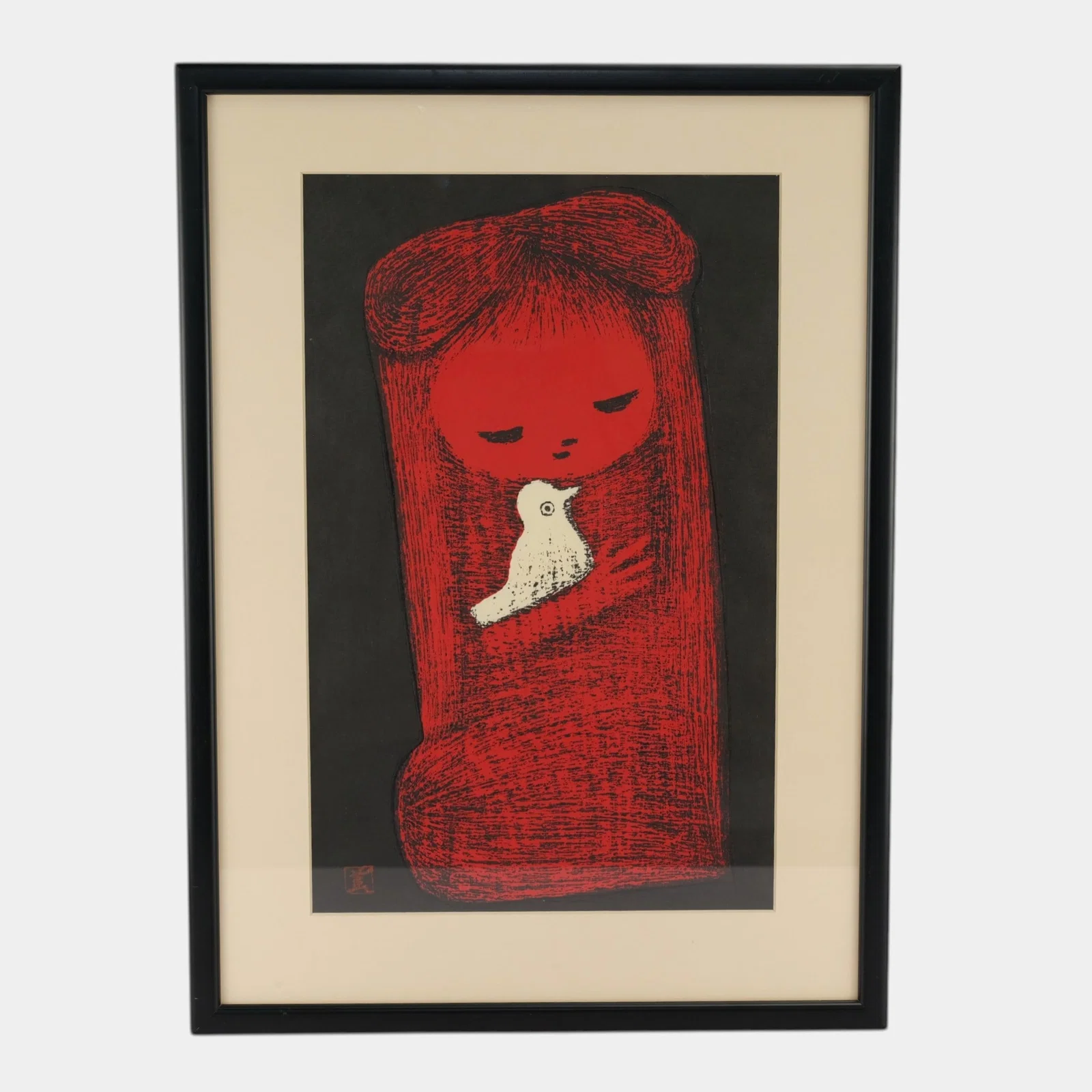 Kaoru Kawano (Japanese, 1916-1965) "Small Bird" Girl Holding White Bird Framed Woodblock Print