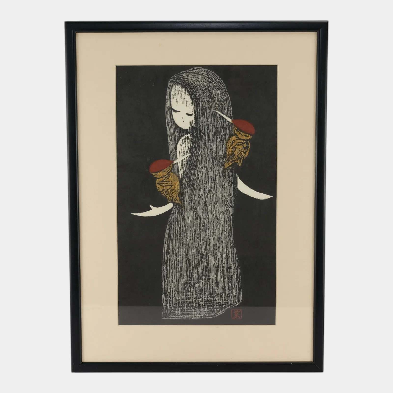 Kaoru Kawano (Japanese, 1916-1965) "Woodpecker" Mid Century Framed Woodblock Print
