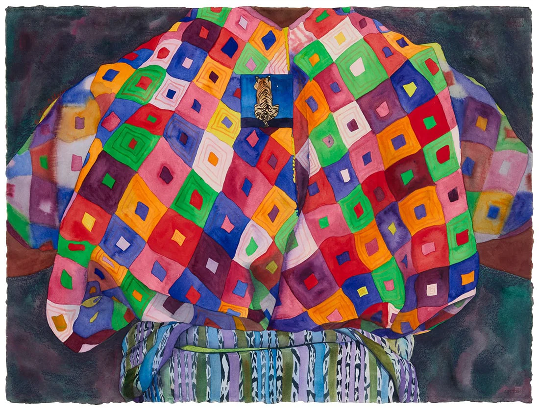 Karen Ahlgren (Active 21st century), Untitled, geometric outfit with tiger