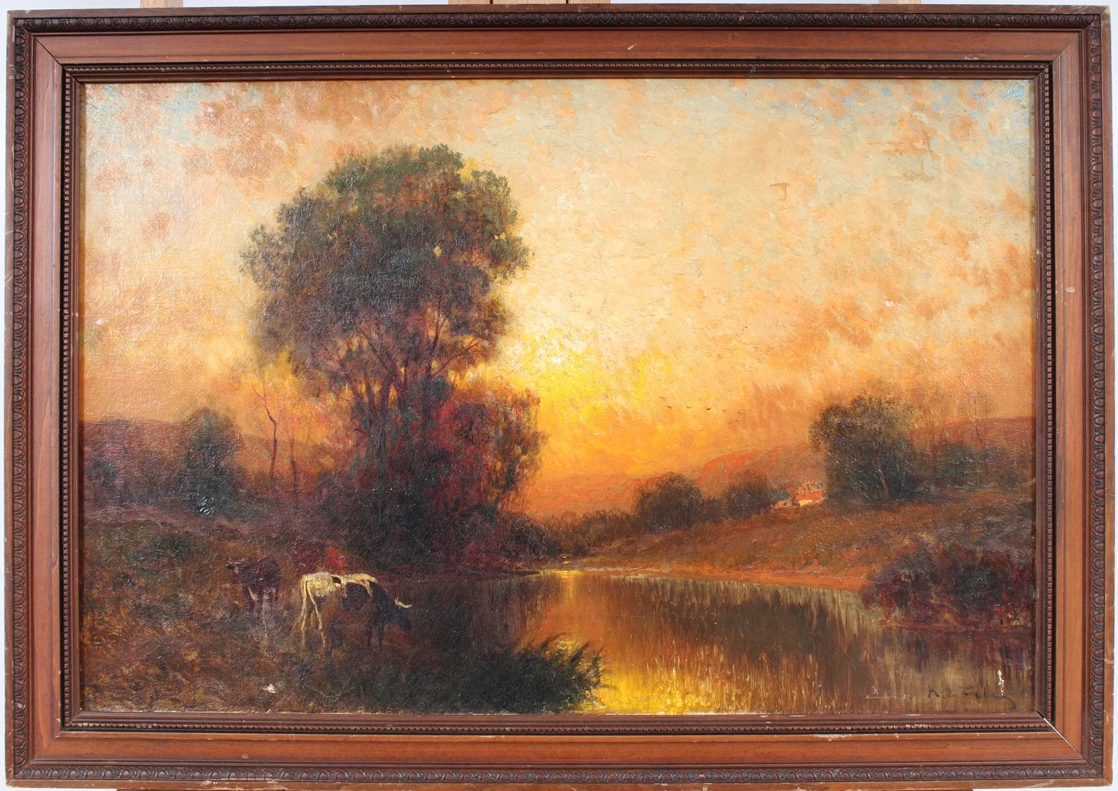 Karl Eugene Felix Antique American Luminous Hudson River School Sunset Landscape Oil Painting