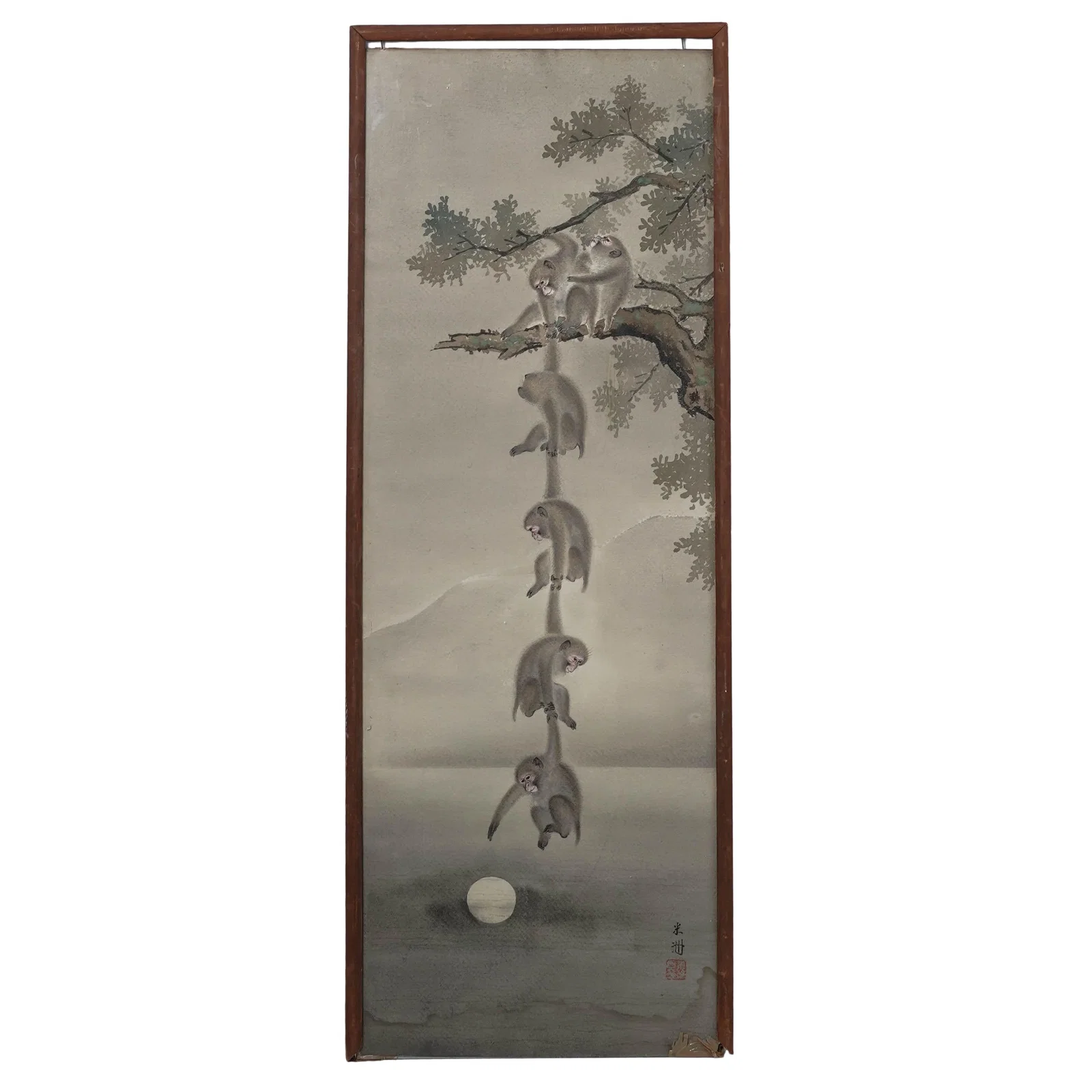 Kawade Beishu (20th Cent.) Monkeys & Moon Woodblock Print