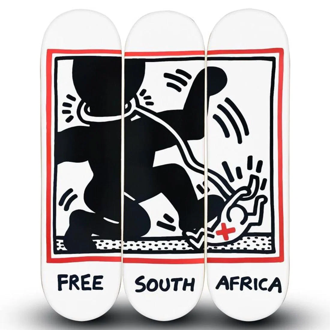 Keith Haring (1958-1990), "Free South Africa" Skateboard Triptych Set, Plate Signed with Letter of