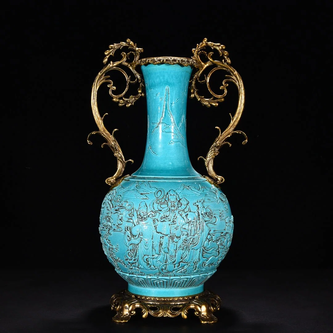 King Bingrong Qing Dynasty peacock blue and green glaze engraved longevity three stars appreciation