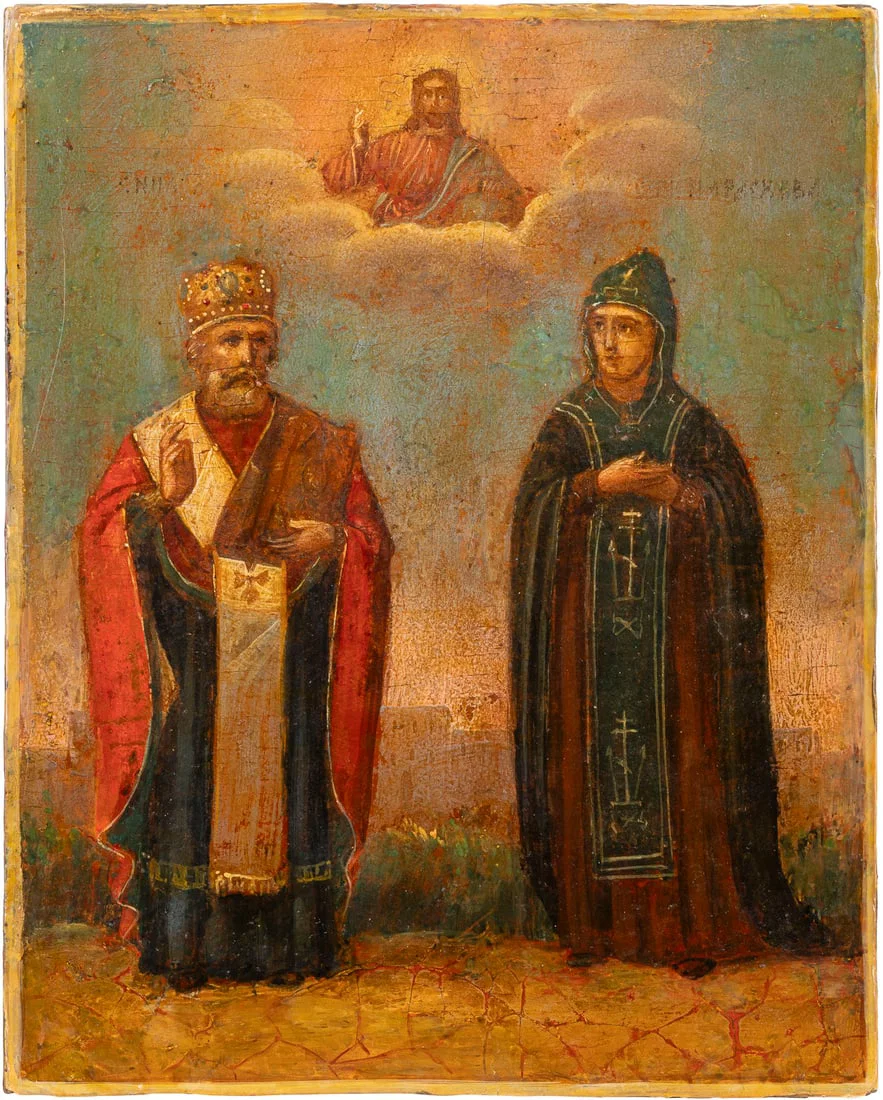 | KLEINE IKONE MIT DEM HEILIGEN NIKOLAUS VON MYRA UND EINER NONNE