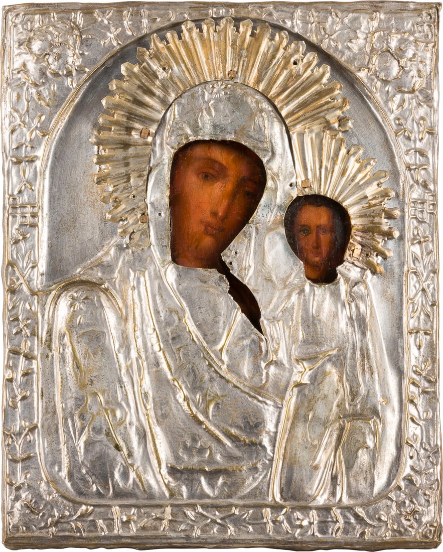 | KLEINE IKONE MIT DER GOTTESMUTTER VON KASAN (KASANSKAJA) MIT OKLAD