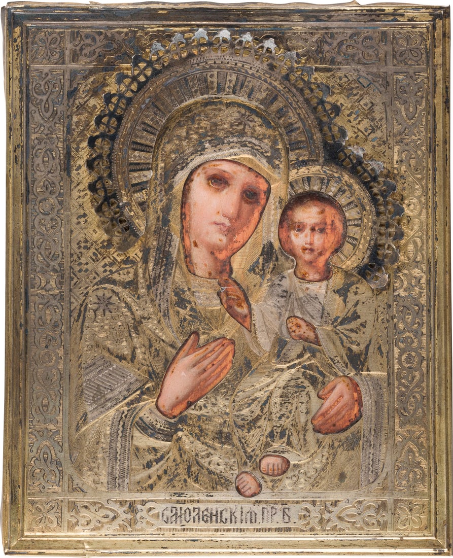 | KLEINE IKONE MIT DER GOTTESMUTTER VON SMOLENSK (SMOLENSKAJA) MIT VERMEIL-OKLAD