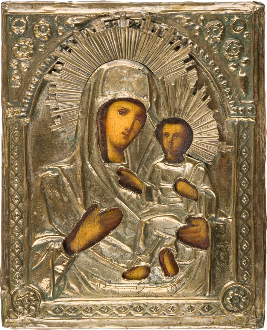 | KLEINE IKONE MIT DER GOTTESMUTTER VON TICHWIN (TICHWINSKAJA) MIT OKLAD