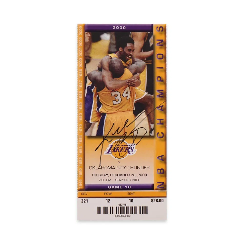 KOBE BRYANT SIGNED LAKERS COMMEMORATIVE GAME TICKET, DECEMBER 22, 2009