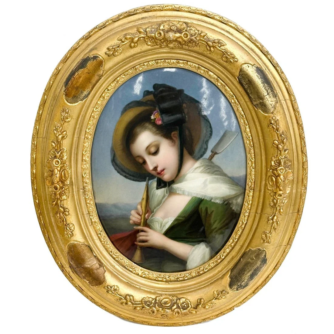 KPM Berlin Hand Painted Porcelain Plaque Woman with Flute Framed c1900