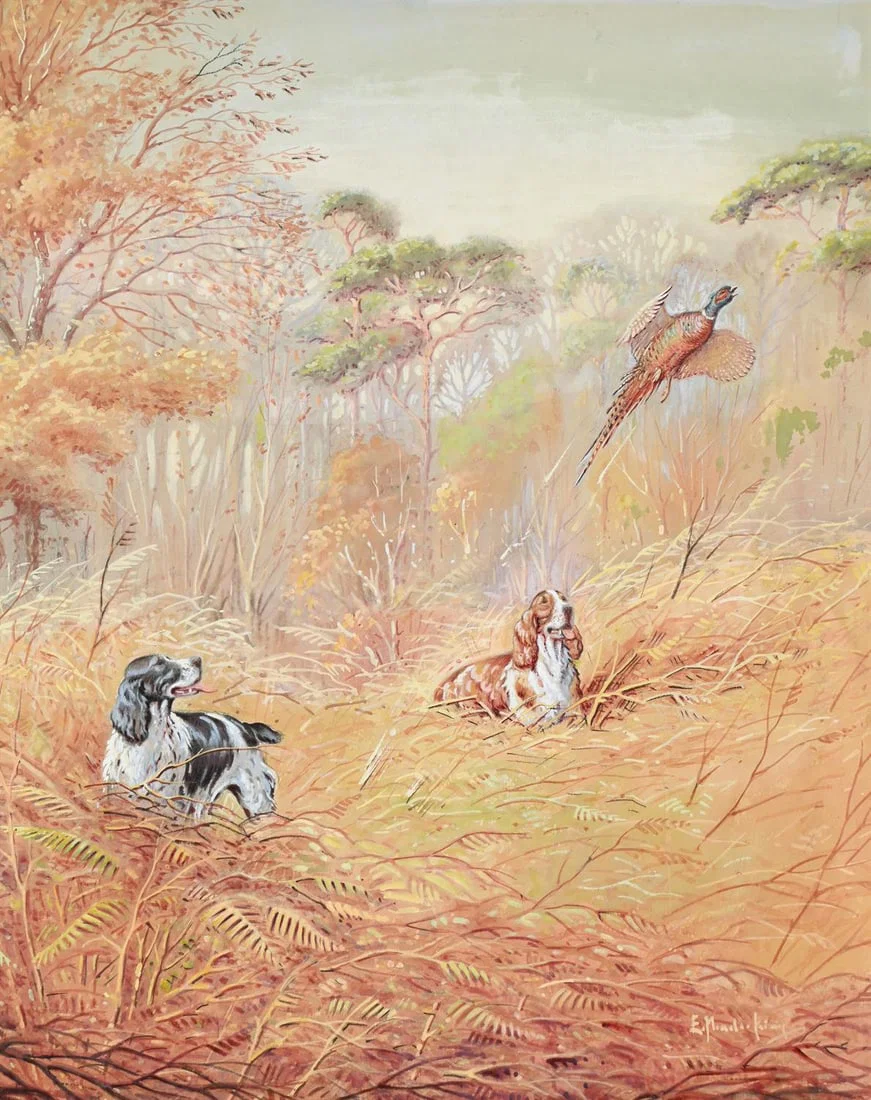 λ ERIC MEADE-KING (BRITISH 1911-1987), SPANIELS PUTTING UP PHEASANTS