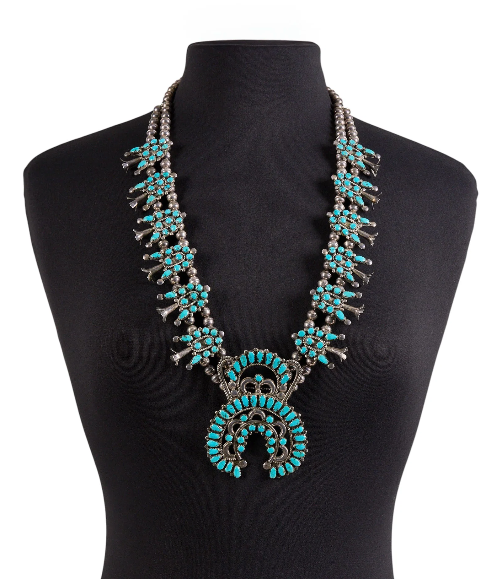 L&L Weebothee, Vintage Zuni Turquoise Cluster Squash Blossom