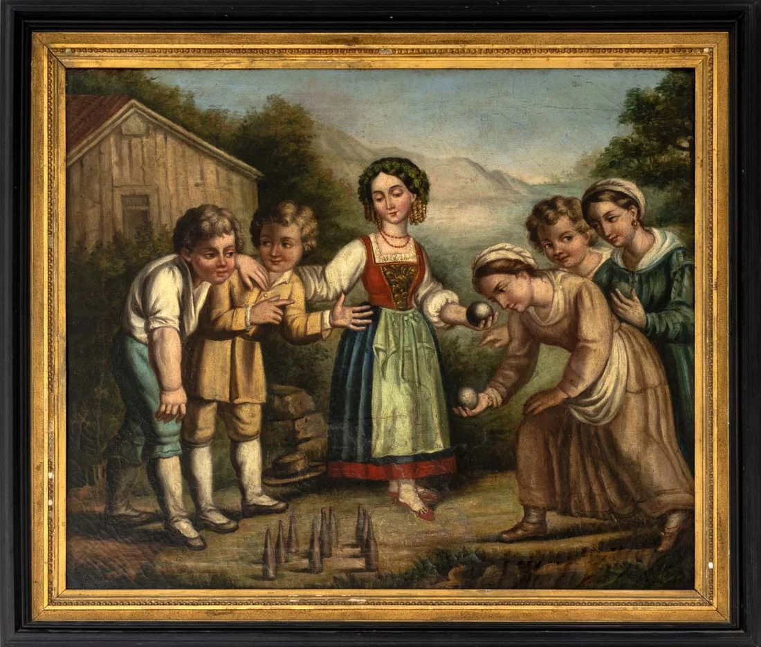 L. Lena "Scene of Children Bowing" Oil, 1871