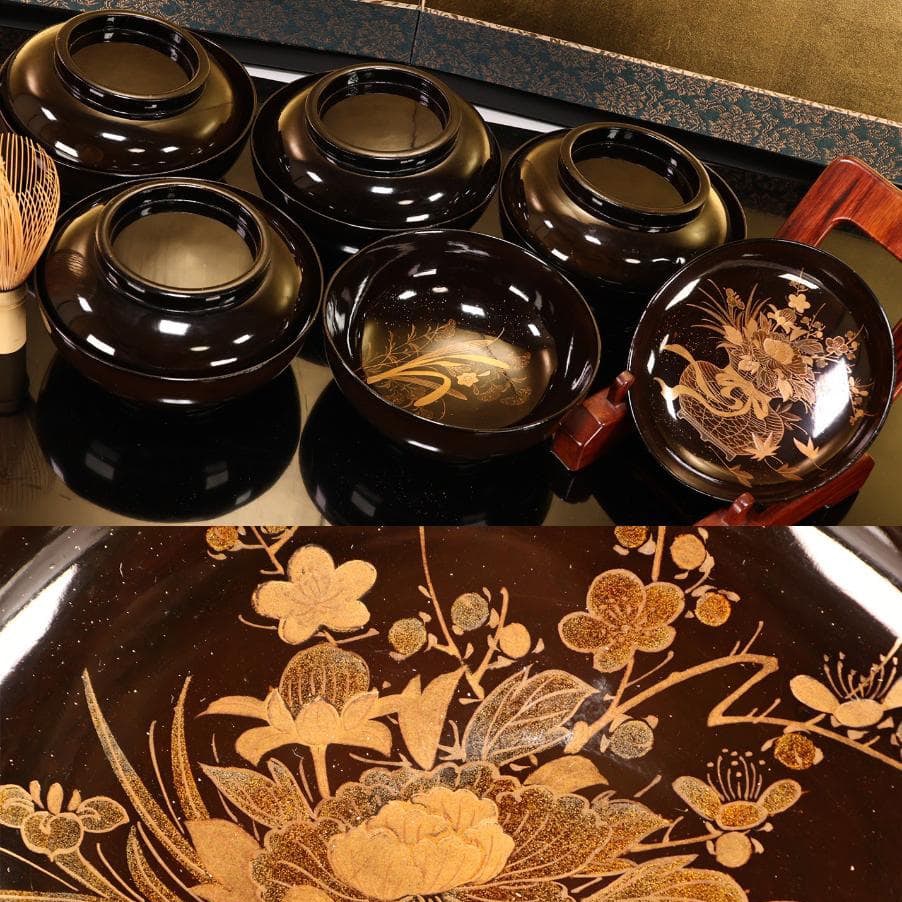 Lacquerware, flower basket pattern, thick bowl, set of five pieces