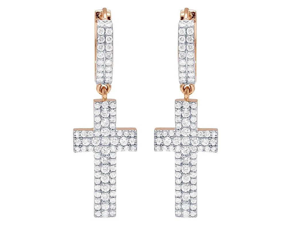 LADIES 10K ROSE GOLD REAL DIAMOND HOOP CROSS DANGLE EARRING