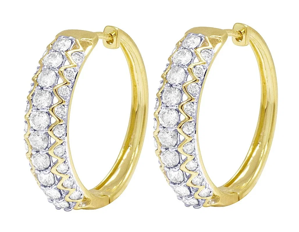 LADIES 10K YELLOW GOLD 3 ROW REAL DIAMOND HOOP EARRINGS