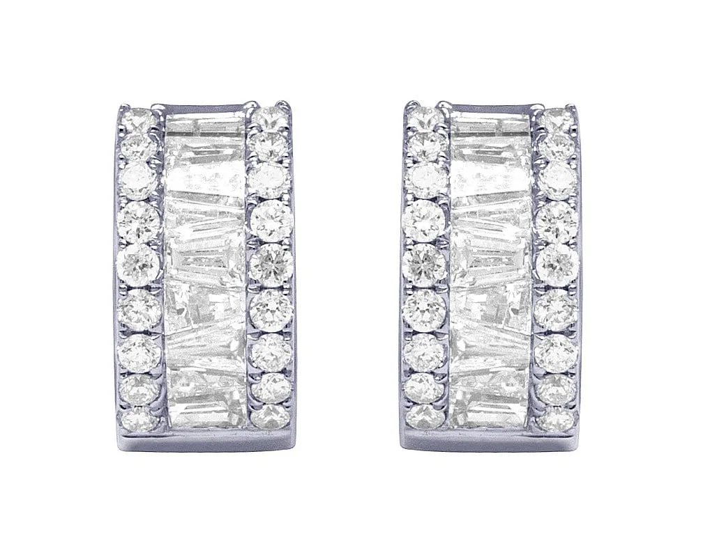 LADIES 18K WHITE GOLD REAL DIAMOND BAGUETTE ROUND HOOP EARRINGS
