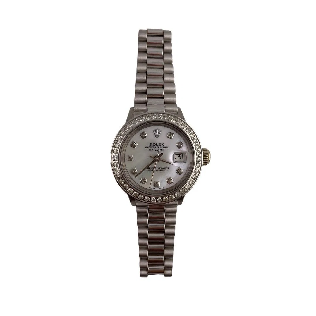 Ladies Datejust Ref 6527 Aftermarket White MOP Dial Diamond Bezel President