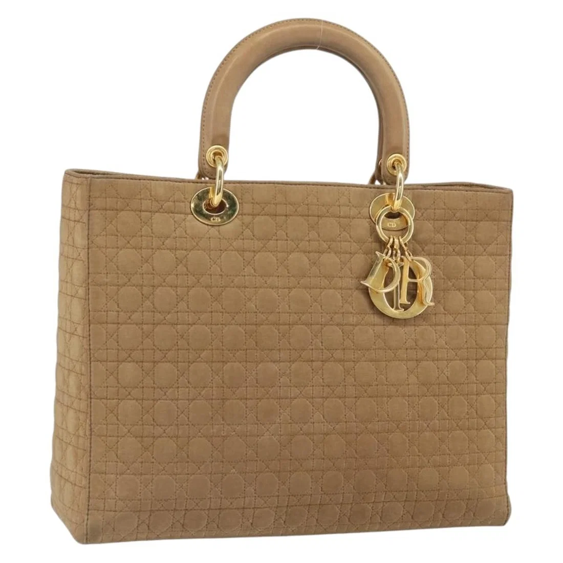 Lady Dior Beige Nylon Handbag with Gold Accents by Christian Dior