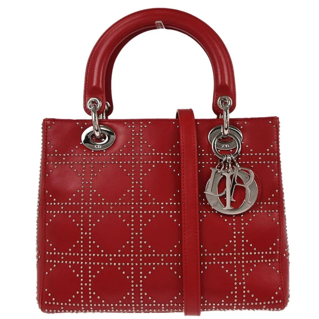 Lady Dior Red Lambskin Studded Satchel Handbag 09-MA-0063