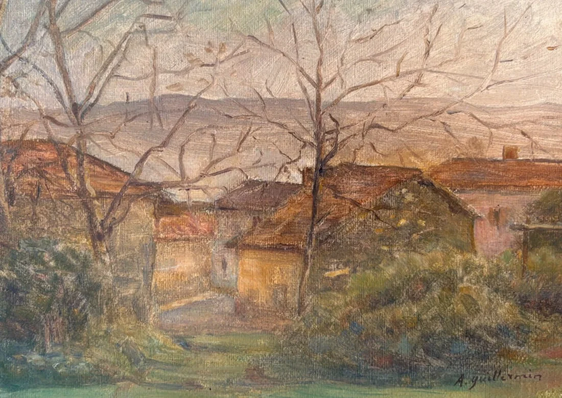 Landscape, Nature, Trees, Village, Houses - Antique Oil Painting Signed