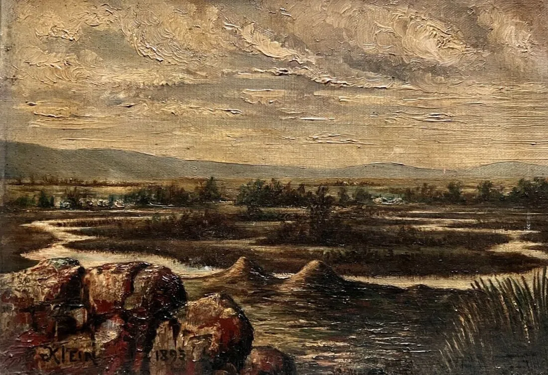 Landscape, River, Trees, Rocks - Painting Antique Original signed