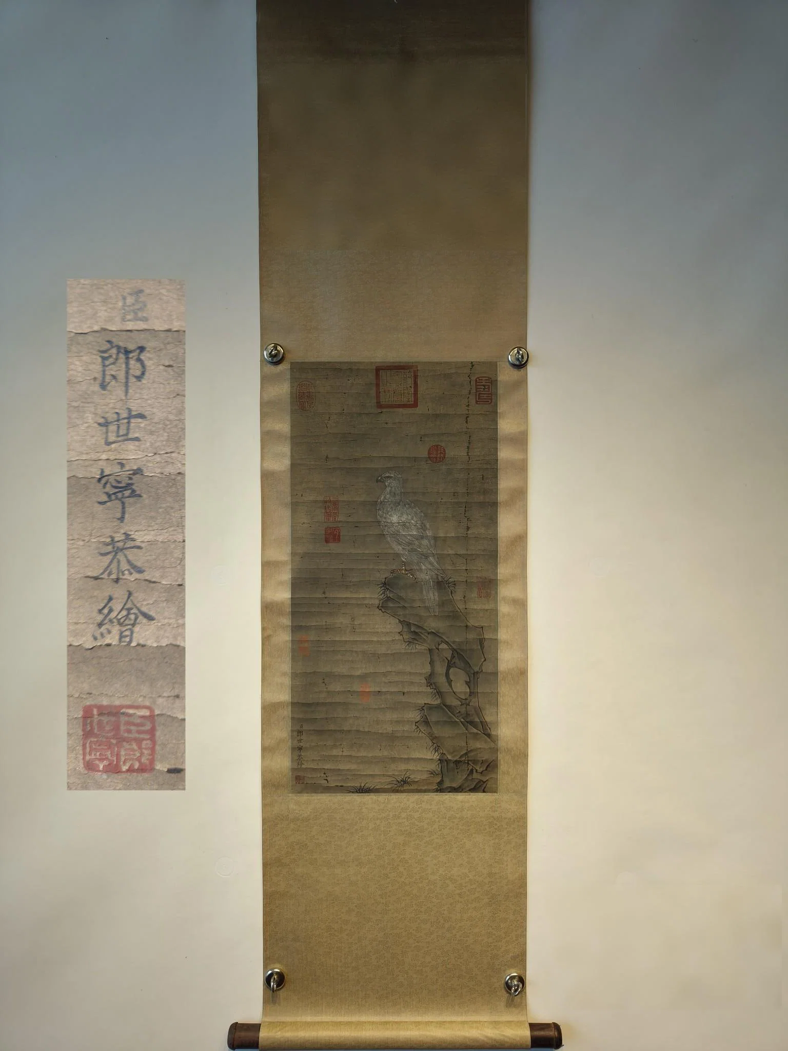 Lang Shining's Fine Hanging Scroll of Eagle on Paper and Silk Mounting