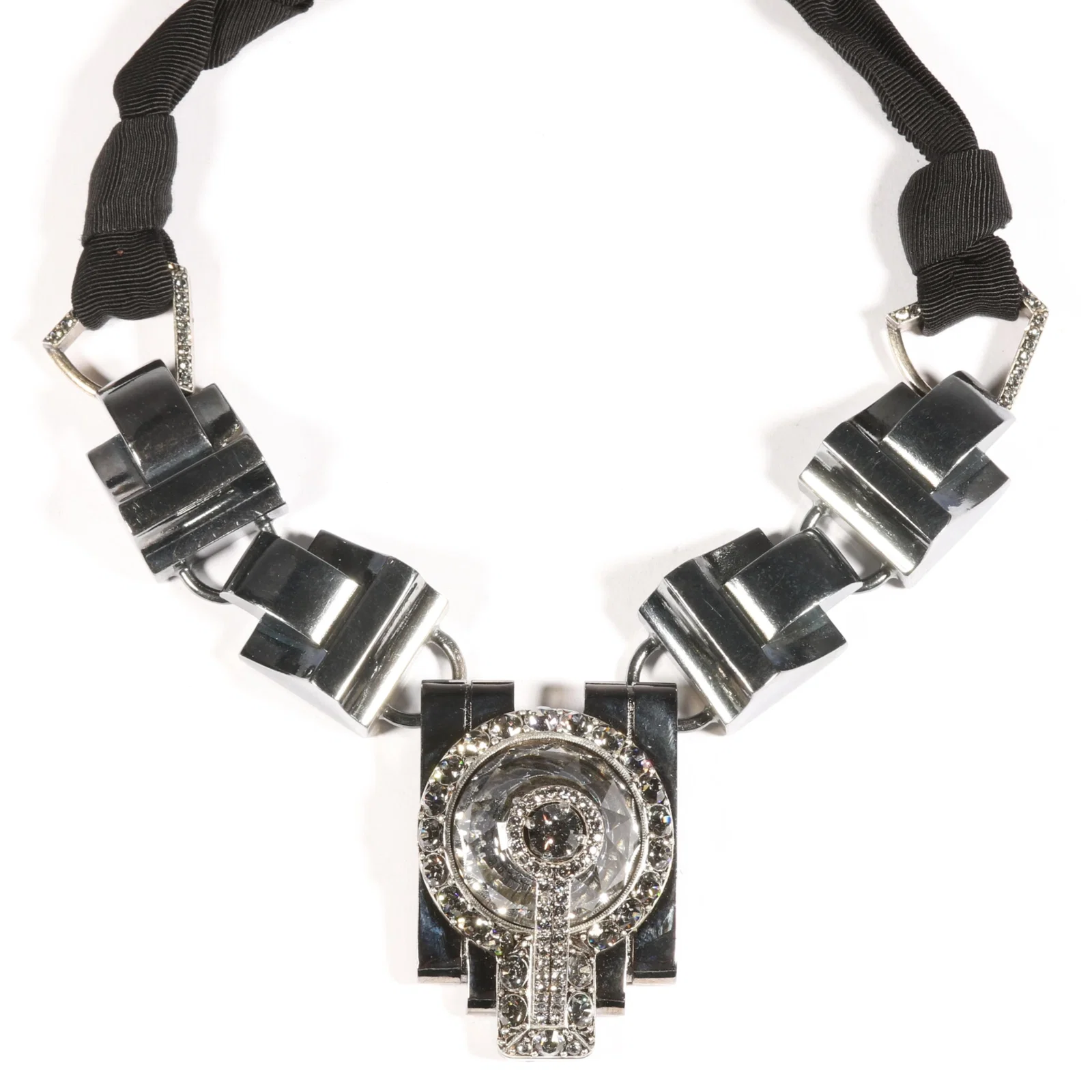 Lanvin Paris Art Deco style sculptural design statement necklace with large dimensional Swarovski