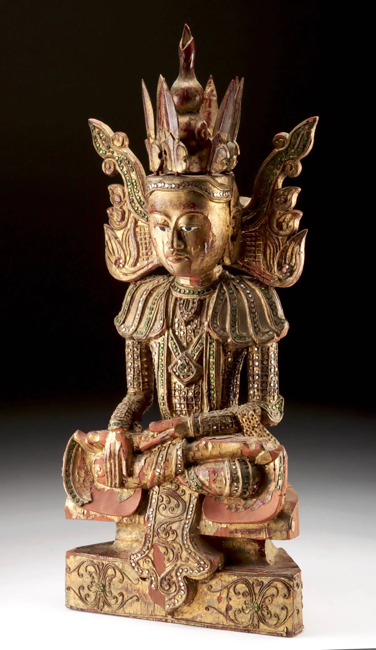 Large 19th C. Burmese Coppered Wood Crowned Buddha