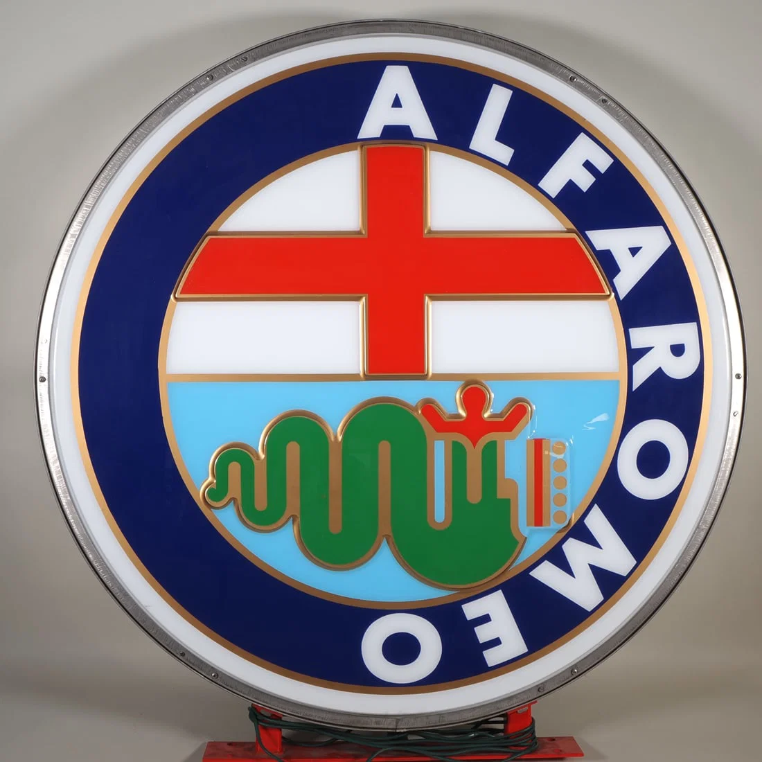 Large Alfa Romeo neon sign for dealerships, circa 1990, Ø 110cm.