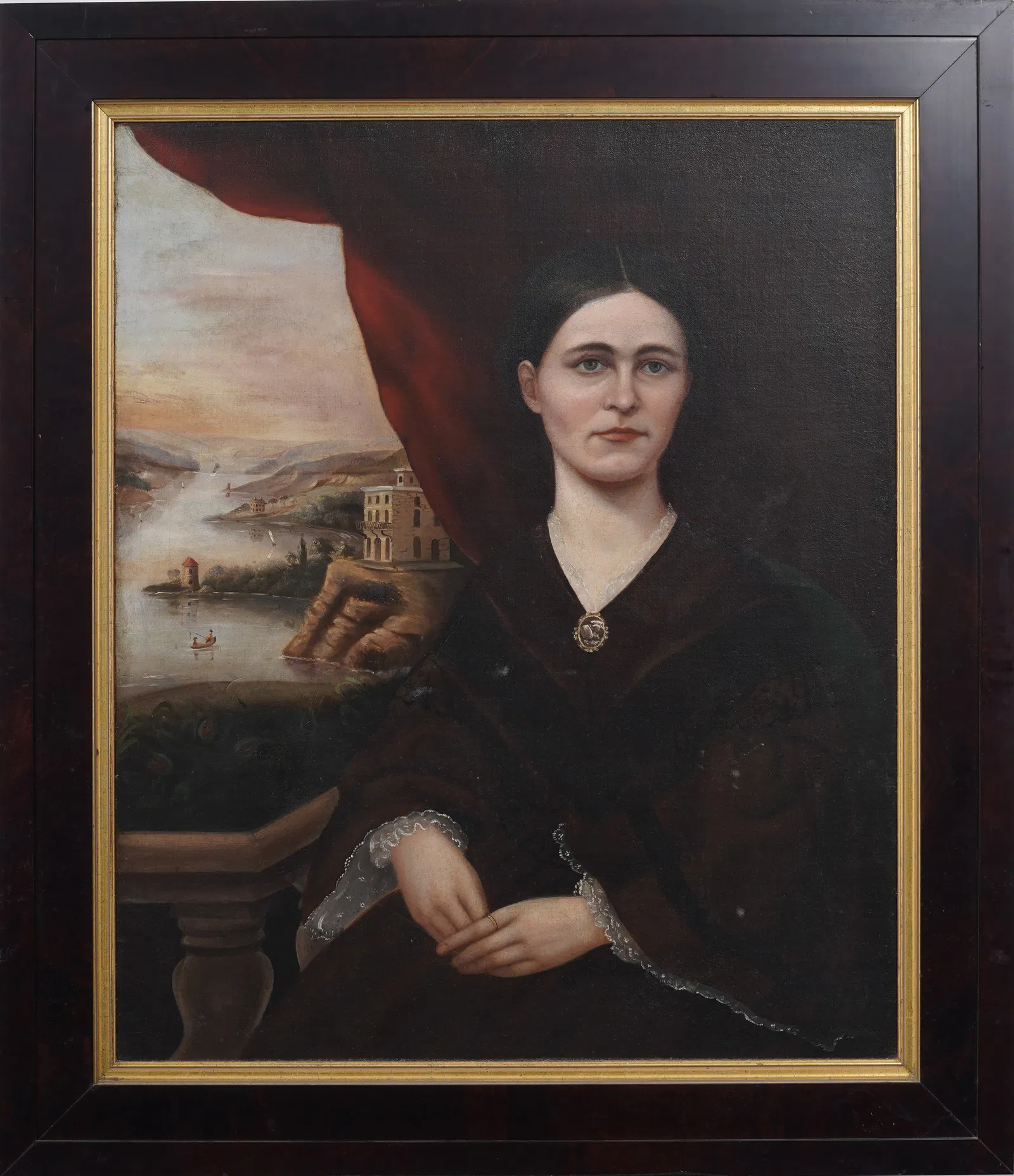 Large Antique Continental Portrait of Lady with River Background Original Framed Oil Painting