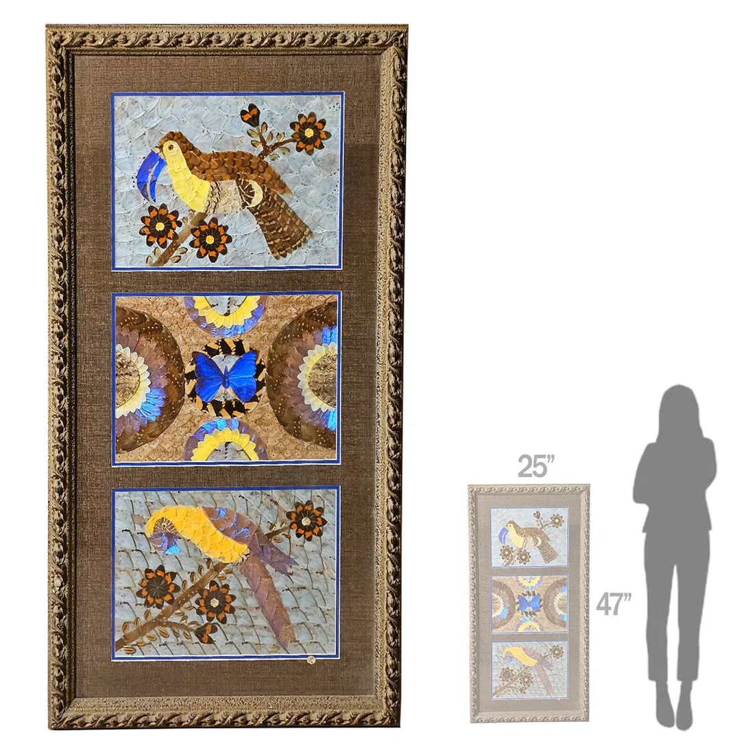 Large Collage Parrots & Flowers, Butterfly Moth Wings Taxidermy Art