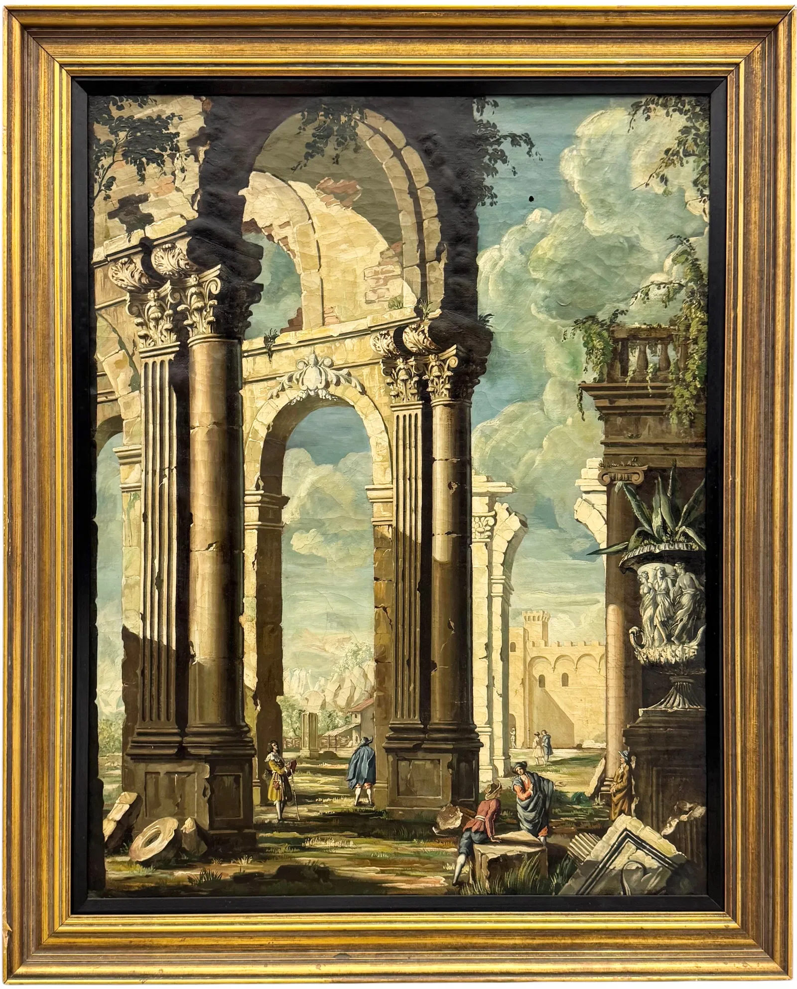 Large Early 19th Century Italian School Landscape With Ruins Oil On Canvas